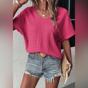 Bright Pink Textured Rolled Sleeve V Neck Top Size Medium
